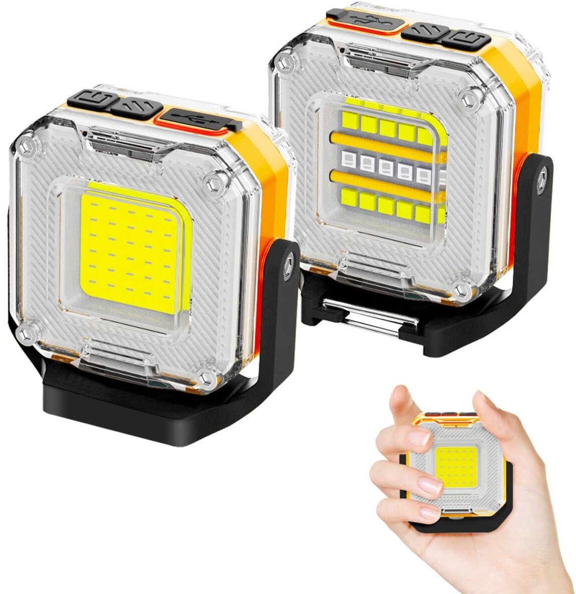 QTTVBTNA -LED Werklamp - Magneetlamp - Werkverlichting - Set van 2, 48+4 LED's, 3 witstanden + rood/blauw - Verwisselbare 1200 mAh batterijen, 5-15 uur - USB-C, USB-A uitgang - Magneet, verstelbare standaard - Voor garage, workshop en camping