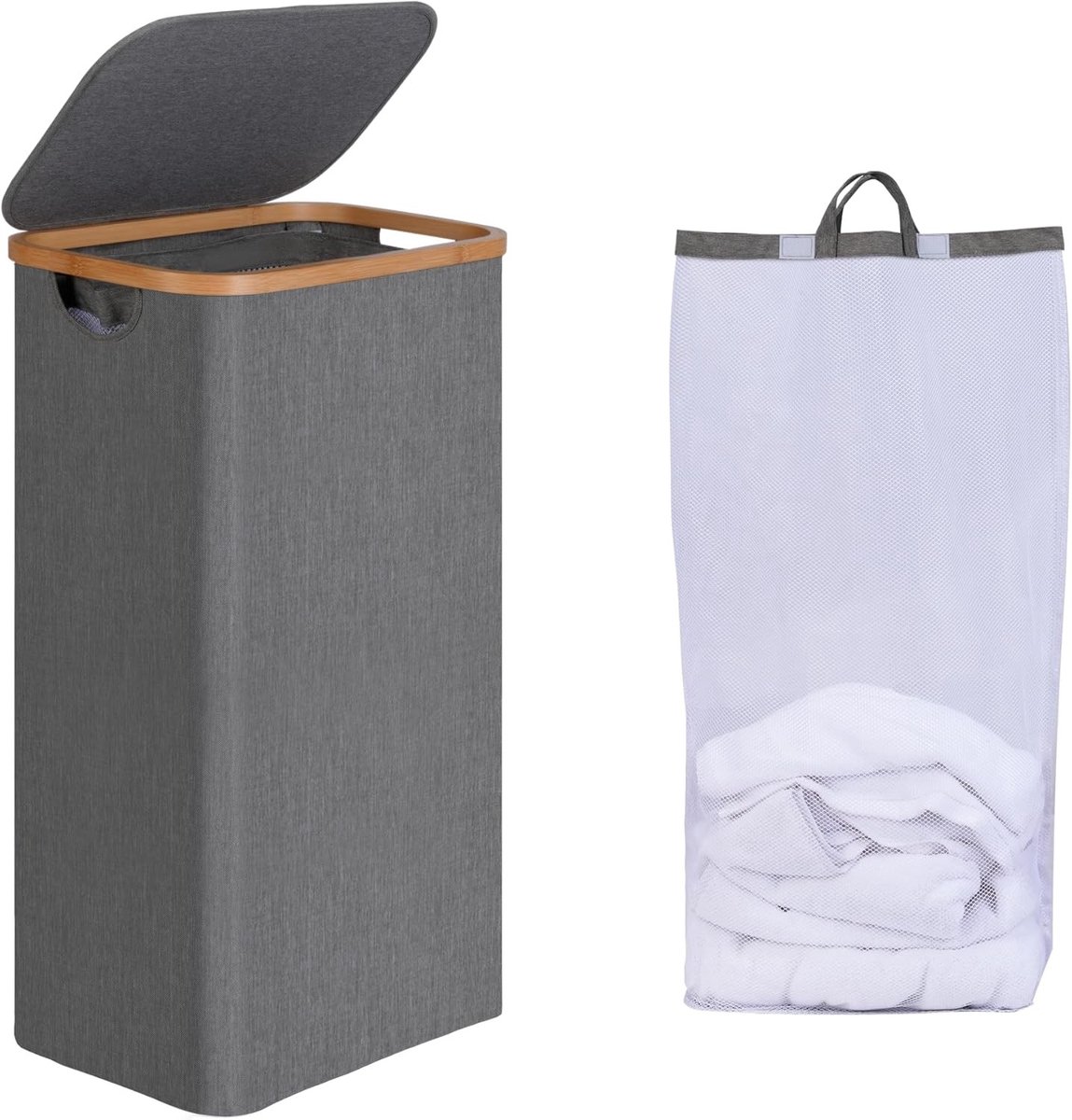 Ruimtebesparende Wasmand met Deksel, 75 Liter, Smalle Wasmand met Wasbare Binnenzak, Grijze Wasmand met Bamboe Handvatten, Vouwbare Wasmand voor Woonkamer, Slaapkamer en Badkamer