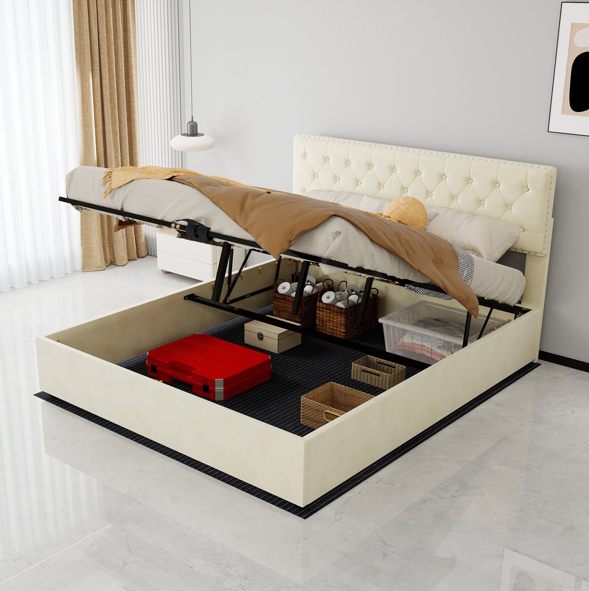 OKWISH Gestoffeerd Bed 160x200 cm - Tweepersoonsbed Met Hydraulische Opbergruimte En Hoog Hoofdbord - Lattenbodem - Zonder Matras - Beige