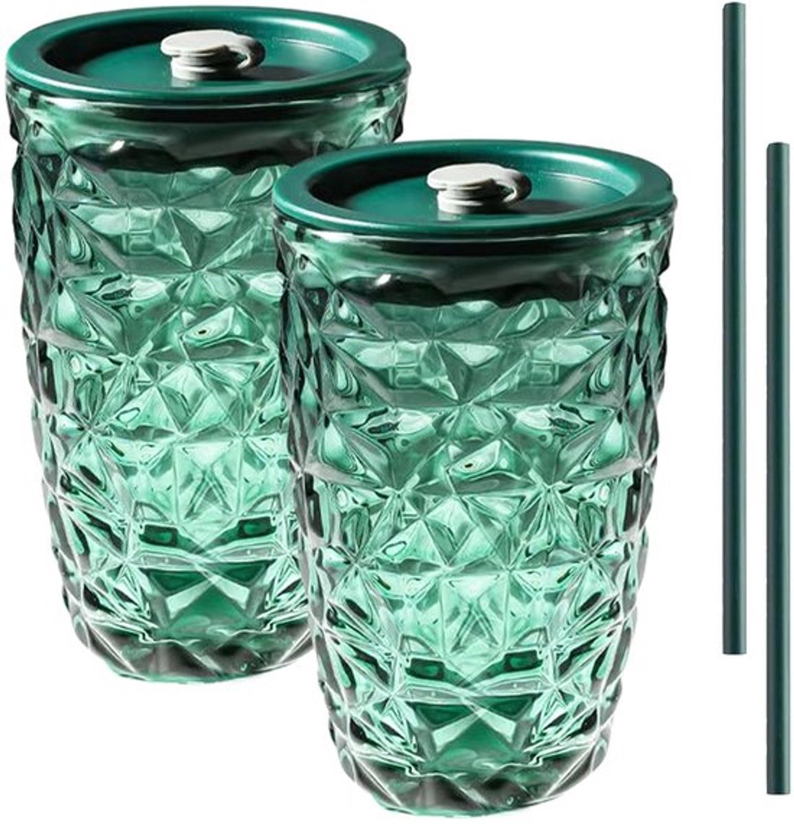 Groene Drinkbeker met Deksel en Rietje, 2 Drinkglazen, 440 ml, Glazen Smoothiebeker met Deksel en Rietje, Diamantontwerp Glazen Beker voor Koffiekopjes, Glazen Bubble Tea Beker, Iced Coffee Beker
