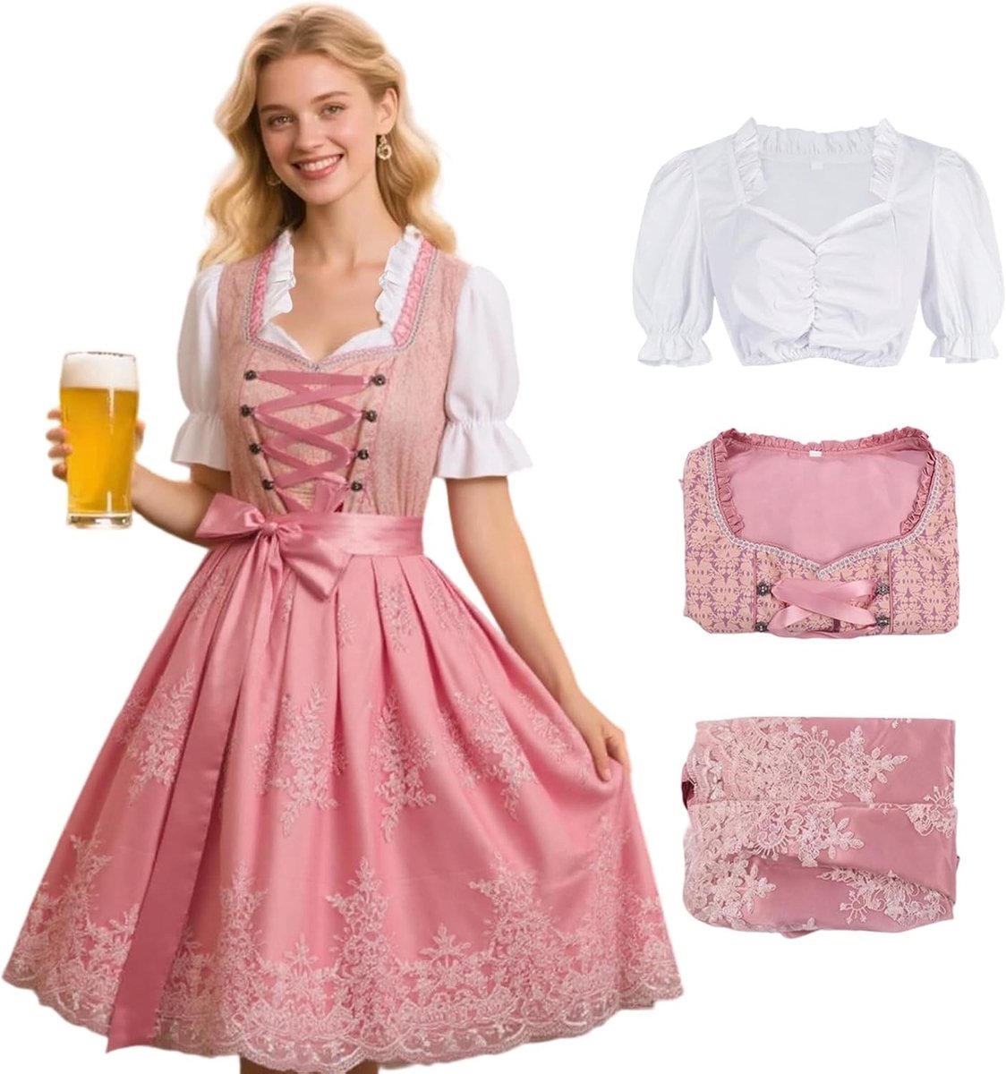 Mooie Midi Kostuum Jurk voor Vrouwen met Blouse, Schort en Rok voor Oktoberfest en Feestjes