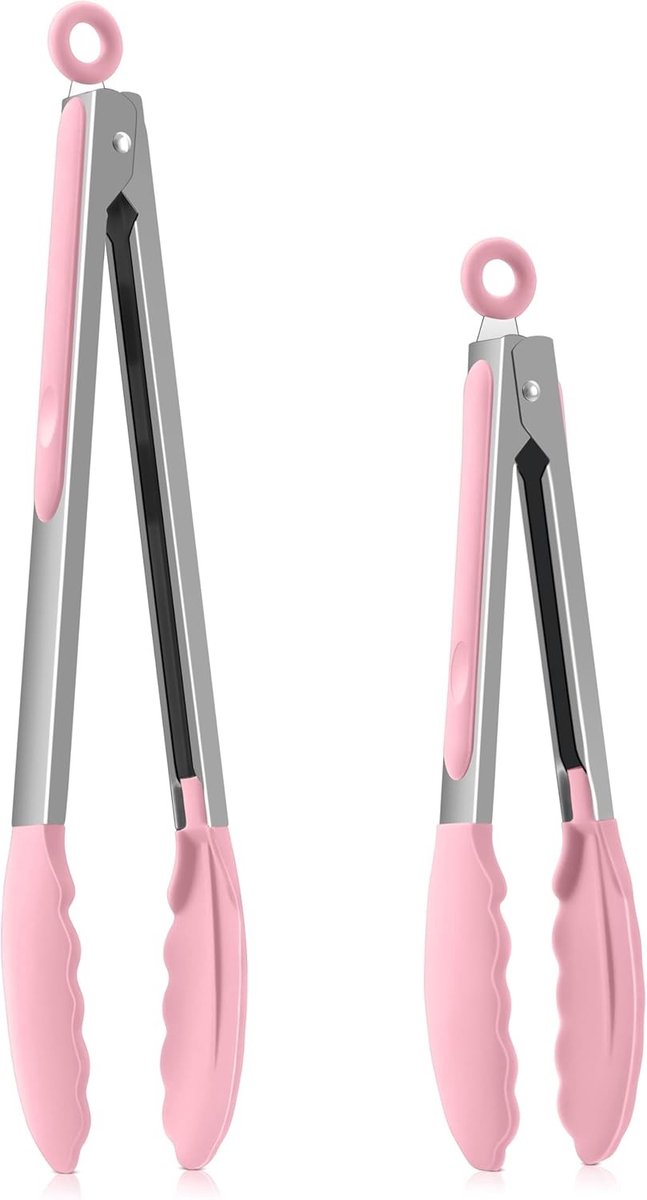 Keuken Tangenset van RVS met Siliconen Handvat en Antiaanbaklaag - 2 Stuks, 30.2 cm en 23.5 cm, Perfect voor Grillen en Koken, Roze Vlees Tangen met Vergrendeling