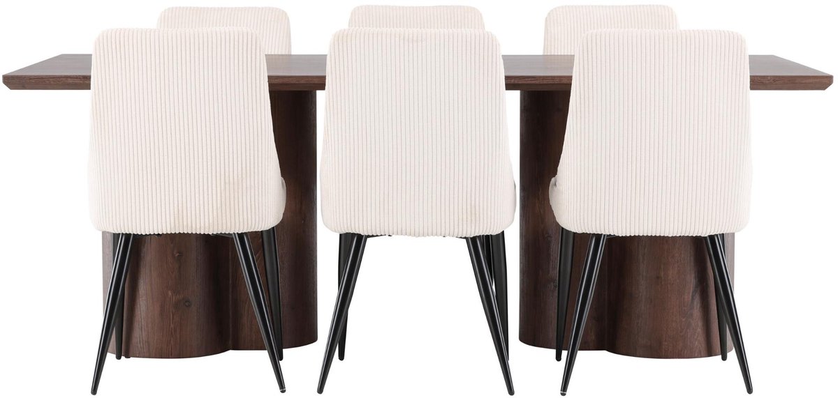 Olivia eethoek eettafel mokka 6 stoelen fluweel beige.