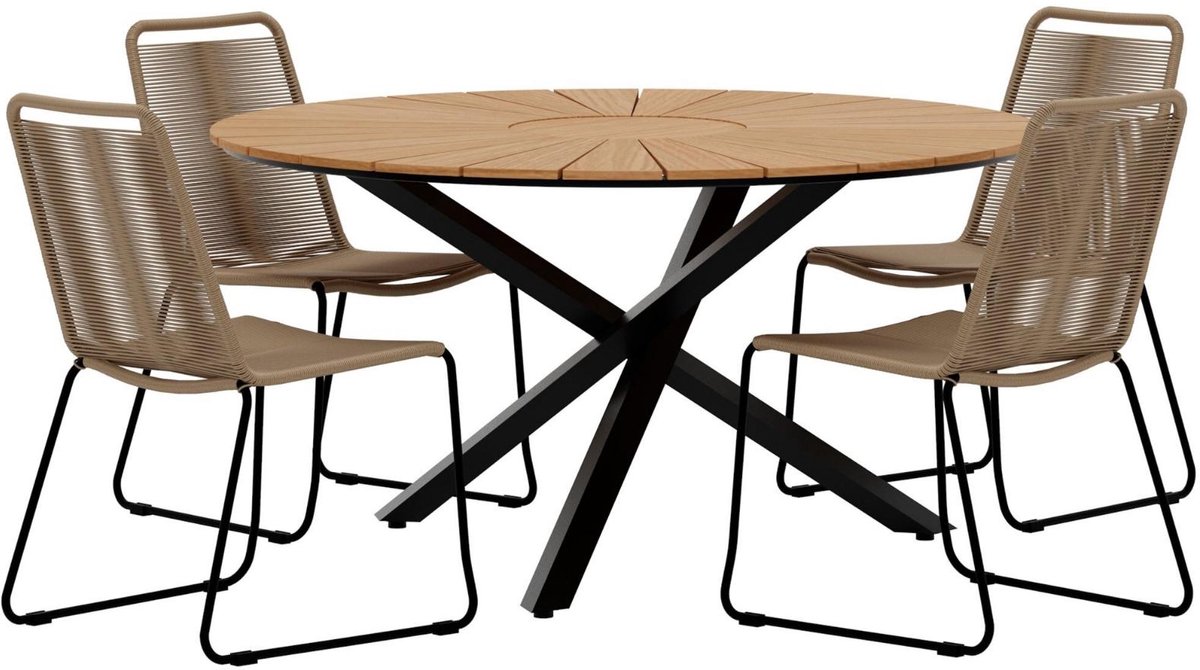 Mexico tuinmeubelset tafel Ø140cm naturel 4 stoelen bruin.