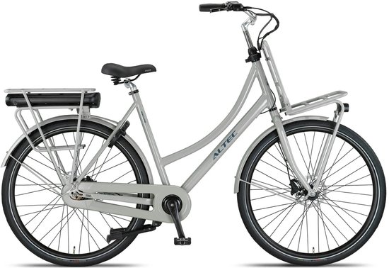 Grijze Altec elektrische damesfiets, 28 inch, lage instap, met bagagedrager.