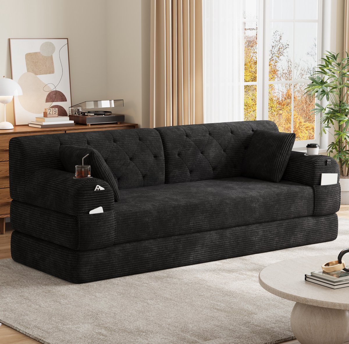 Wishdor - Slaapbank - 3-zits met hoge rugleuning, bekerhouders en opbergvakken - modern voor woonkamer en kleine ruimte - cordstof zwart - 208 x 80 x 81 cm