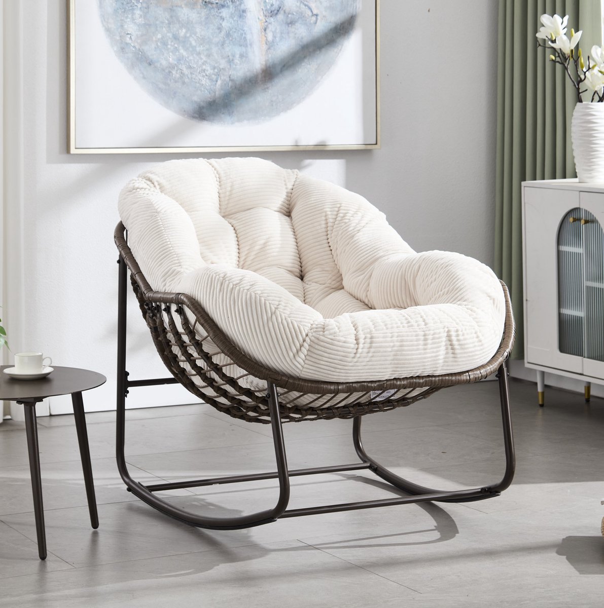 MIVRAY Schommelstoel 78 x 106 x 90 cm - Handgeweven Rattan Met Kussen En Stalen Frame - Voor Tuin En Terras - Metaal Wit