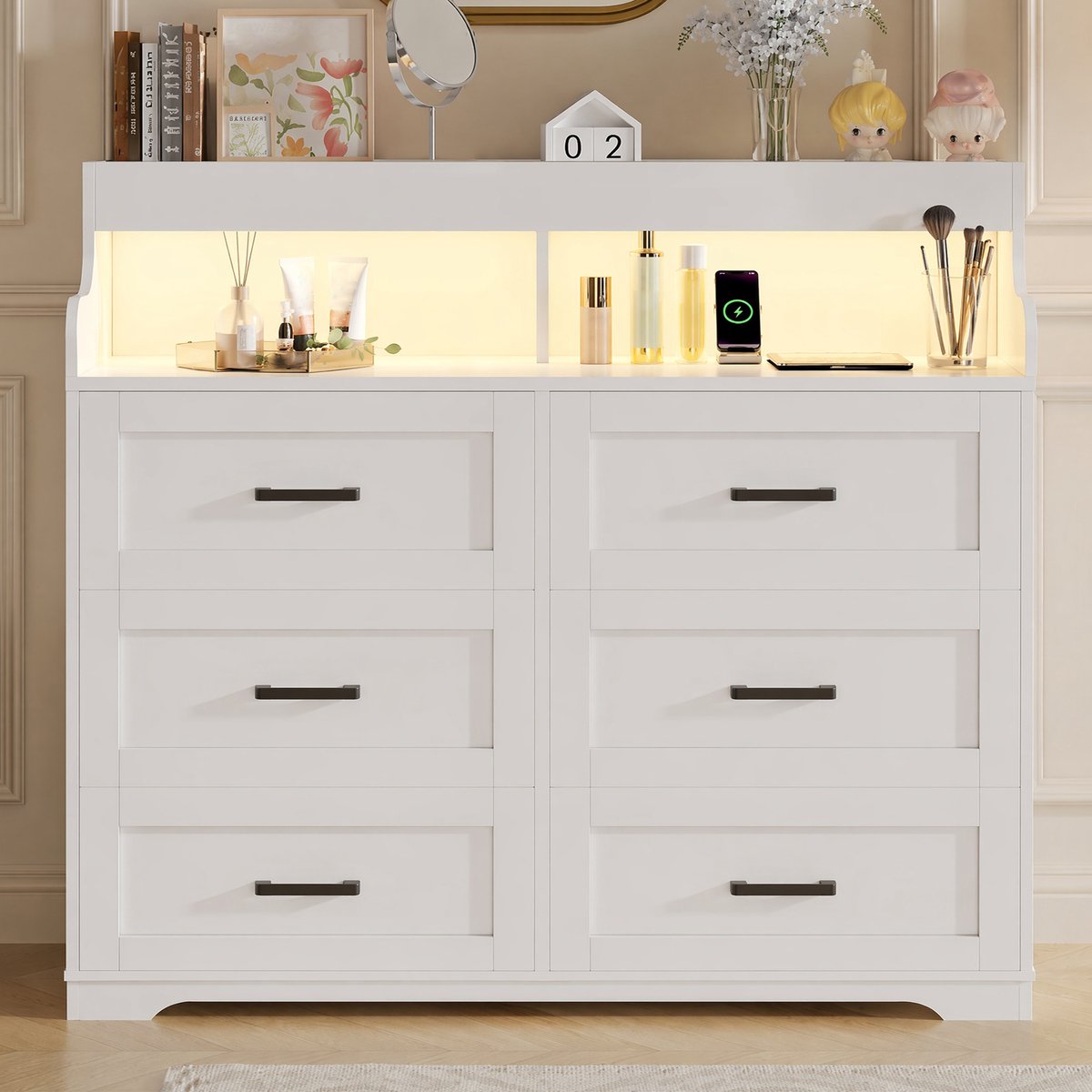 Ladekast Wit met 6 Laden – Commode met LED Verlichting & USB Aansluiting – Opbergkast met Open Planken – Moderne Kast voor Slaapkamer en Woonkamer