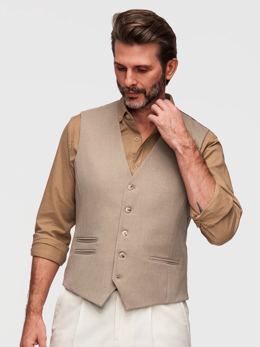 OMBRE Gilet - Slim Fit - Knopen - Effen Beige XXL