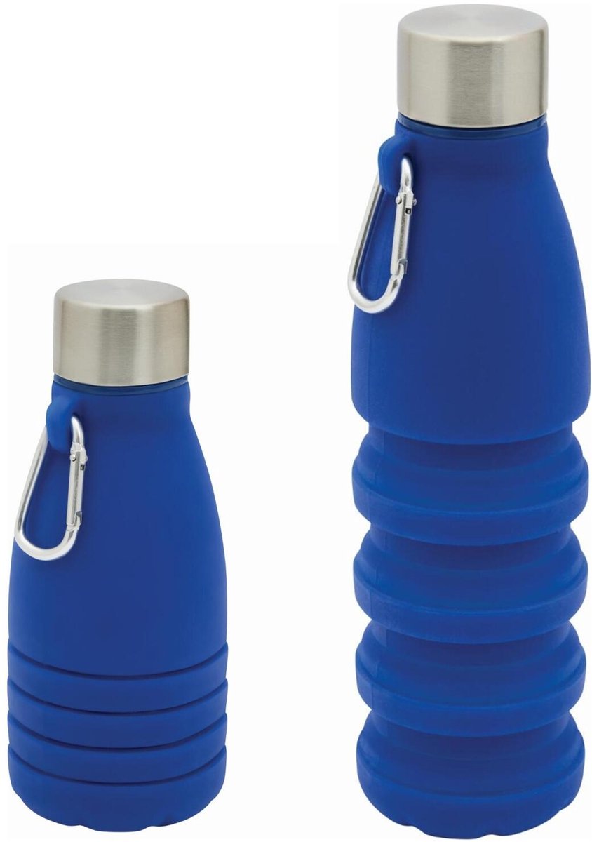 Trendoz Opvouwbare drinkfles - 2x - waterfles - blauw - kunststof - 550 ml - schroefdop - ophanghaak - 8 cm