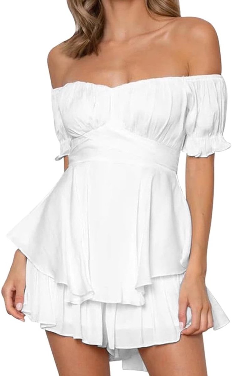 Zomerse Dames Jumpsuit met Hoge Taille, Korte Mouwen en Off-Shoulder Ruffle Design voor Casual en Feestelijke Gelegenheden