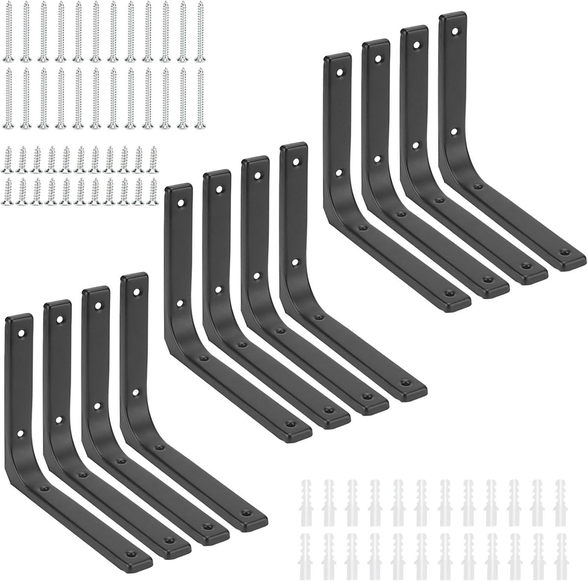 Set van 12 Zwarte Wandplanksteunen van 150 x 22 x 125 mm, Stalen Steunen met 48 Schroeven voor Muurmontage en Drijvende Planken