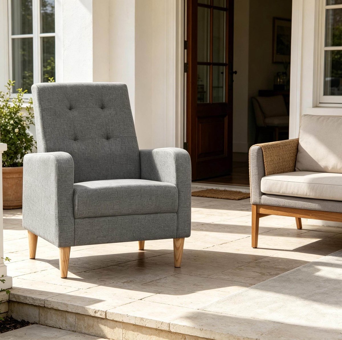 FloraGrace Fauteuil - 1-Zits Scandinavische Loungefauteuil Met Hoge Rugleuning En Armleuningen - Voor Woonkamer En Slaapkamer - Linnen - Donkergrijs