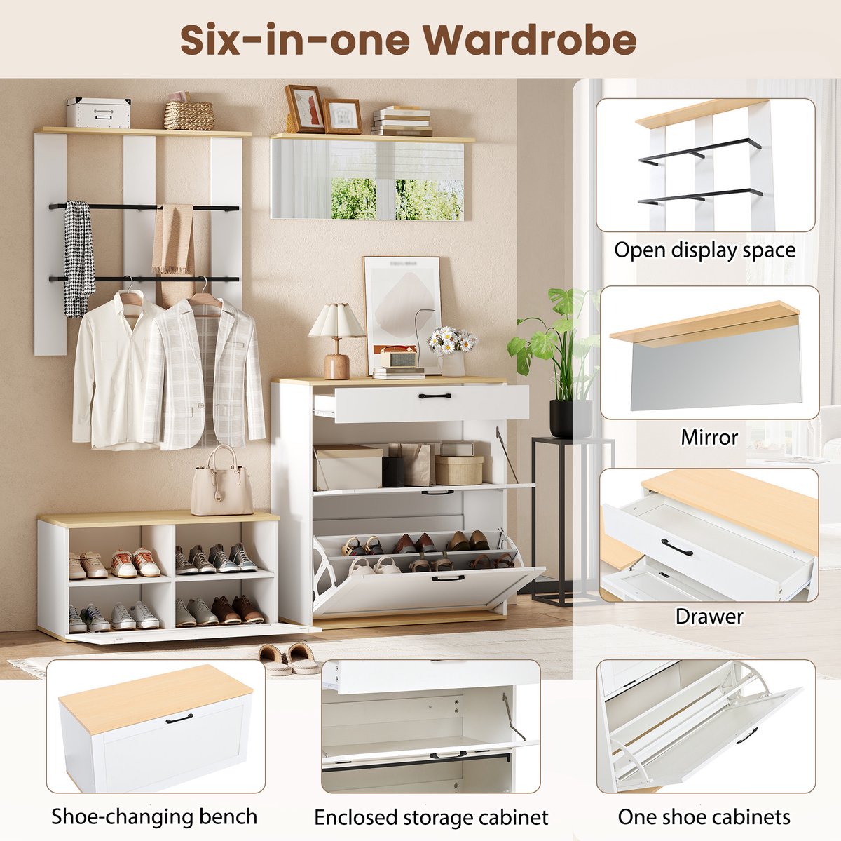 Wishdor - Halmeubel - Modulair garderobeset met schoenkast, lade en spiegel - Scandinavische stijl - Voor hal en entree - Houtlook en bewerkt hout - Wit/naturel - 156x36x176 cm
