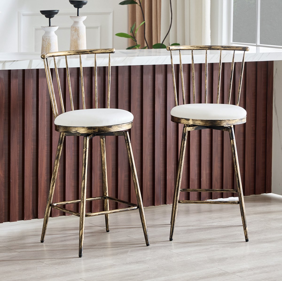 OKWISH Barkruk – Windsor-Stijl Met Rugleuning – Set Van 2 – Metaal En Gewatteerde Kunstleren Zitting – Voor Keukeneiland Of Bar – Bruin Wit