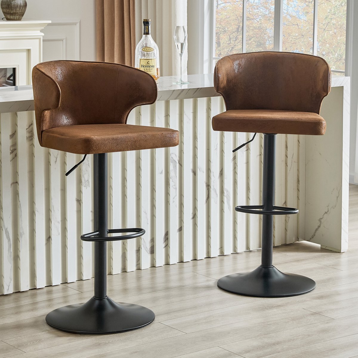 OKWISH Barkruk – Set Van 2 Met Rugleuning, Hoogteverstelbaar En 360° Draaibaar – Voor Bar, Keuken Of Eiland – Stof En Metaal – Bruin
