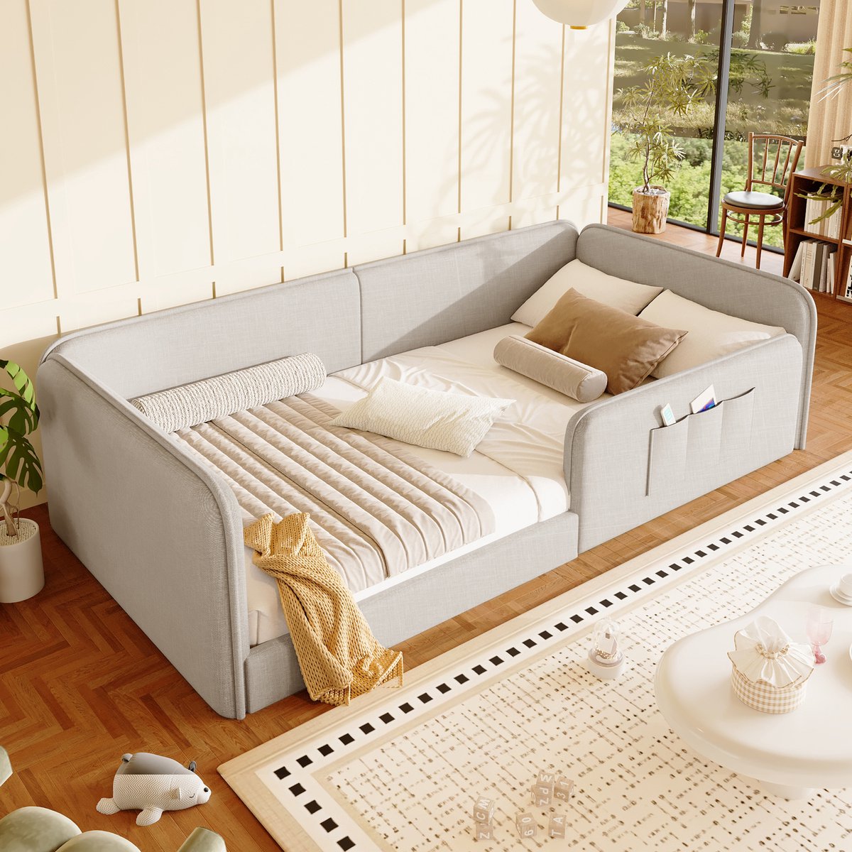 Wishdor Bed 90x200 cm - zacht linnen bekleed - gepolsterd veiligheidsframe - voor slaapkamer - beige - 209 x 98 x 55 cm