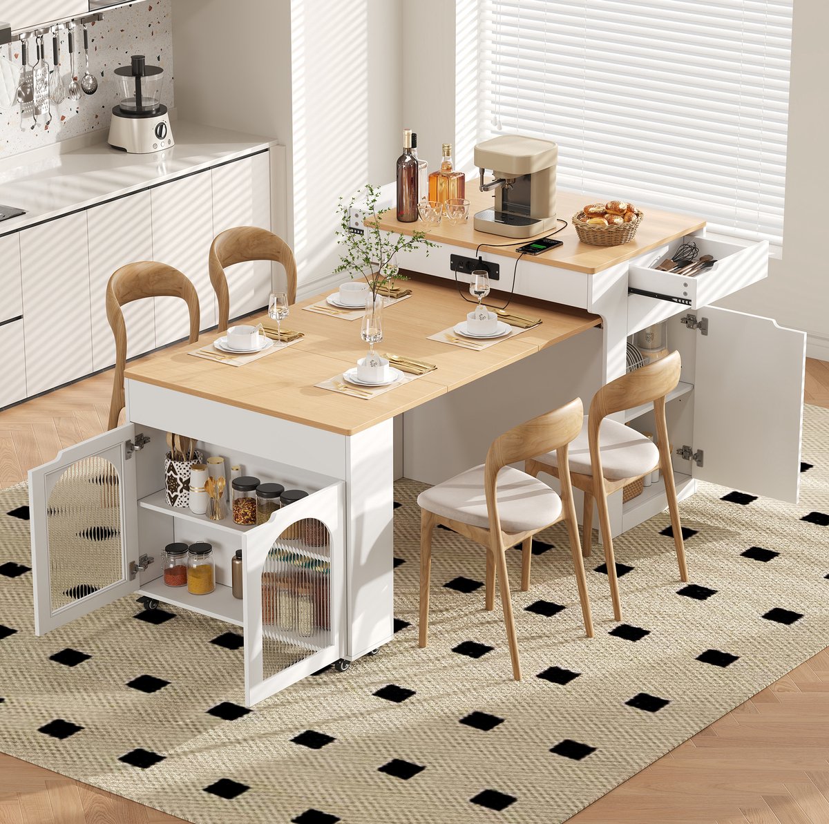 Wishdor - Eettafel - Uitschuifbaar met stopcontacten en opbergruimte - Modern - Keuken en eetkamer - Houtlook en glas - Wit - 55-153 x 80 x 93 cm