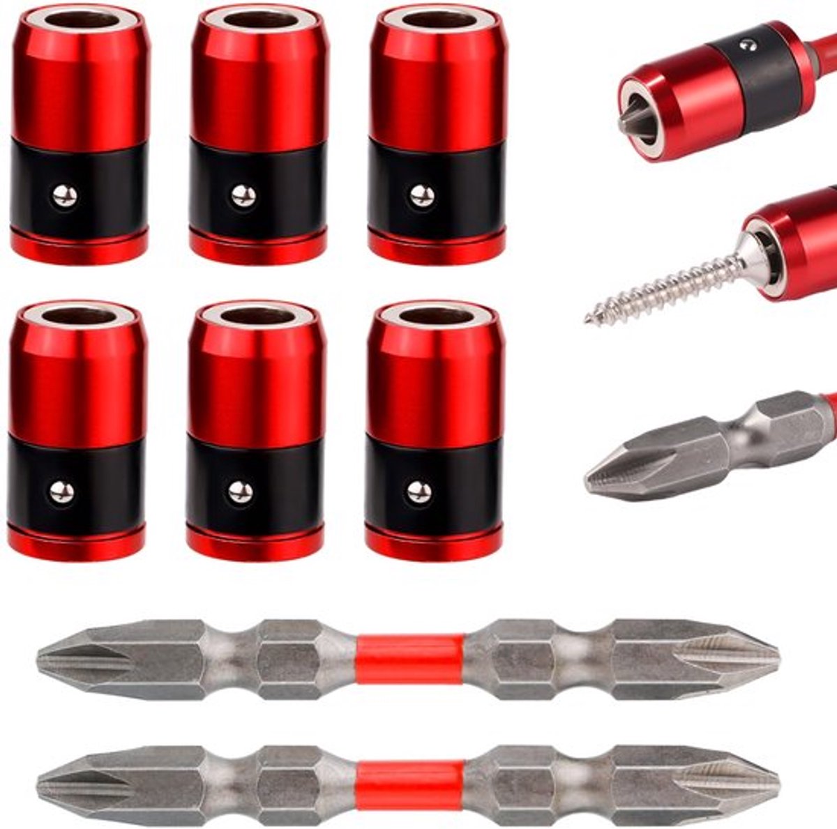6 stuks magnetische schroefringhouders, afneembare magnetische schroevendraaierring met 2 Ph2-schroevendraaierbits, magnetische bithouder voor 6,35 mm zeskantschroevendraaier en Powerbits