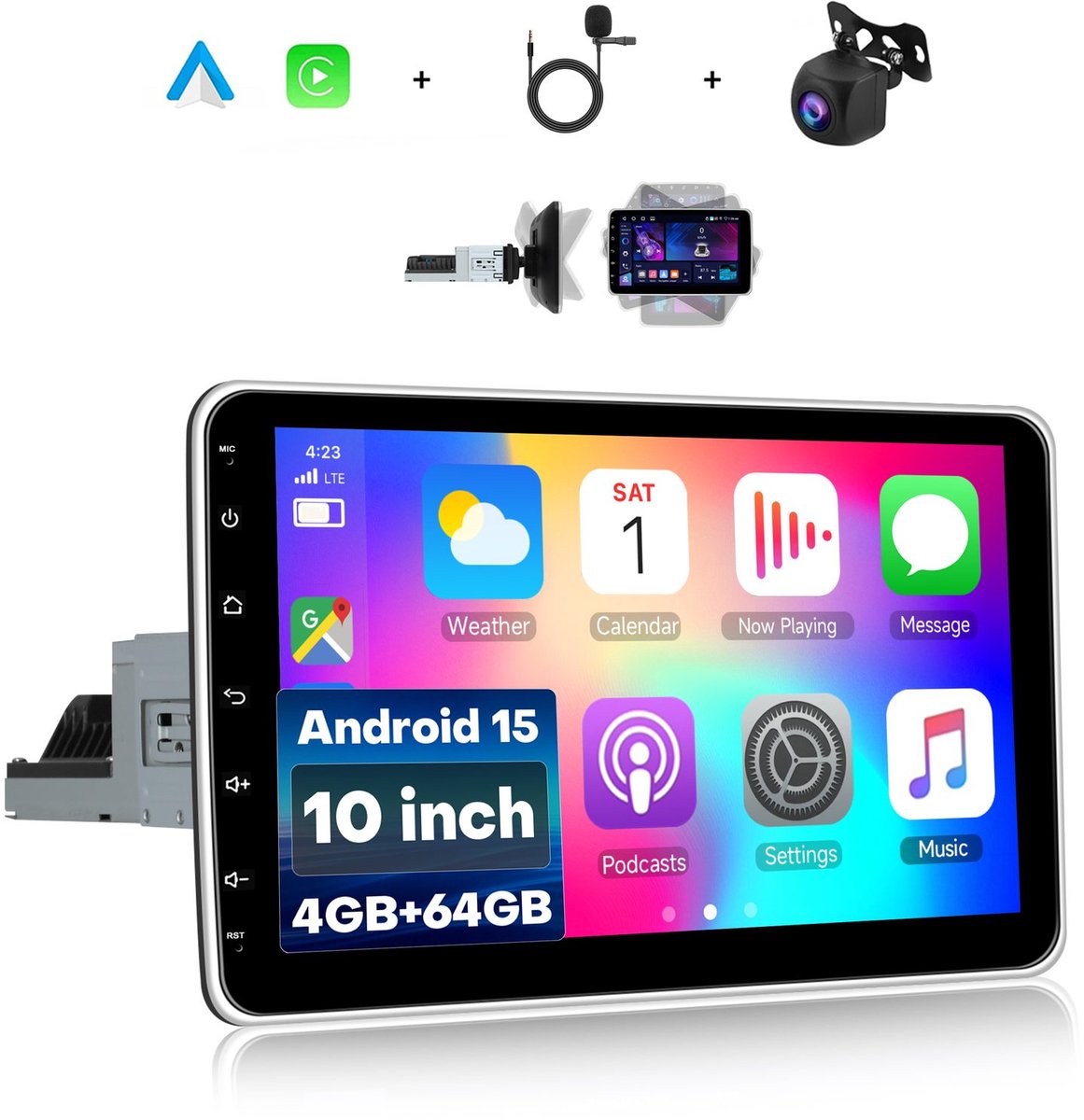 Boscer 1 Din Android 15 Autoradio met Draaibaar Scherm - Draadloos Apple CarPlay & Android Auto - 4+64GB - 10 Inch - GPS Navigatie, WiFi & Bluetooth - Incl. Achteruitrijcamera & Microfoon