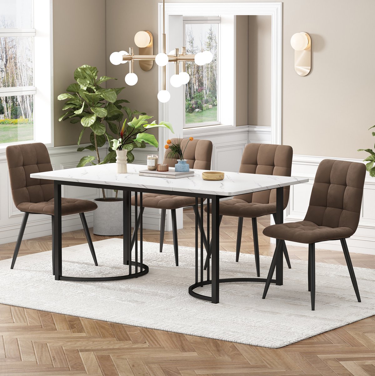 DESMIU Set Tafel En Stoelen 140 x 80 cm - 5-Delige Eethoek Met 4 Fluwelen Stoelen - Voor Keuken En Eetkamer - MDF Metaal Wit Bruin