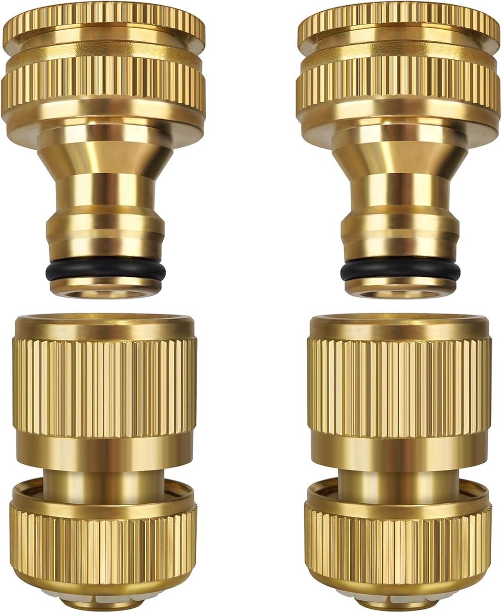 Tuinslangconnector van massief messing, 1/2 inch en 3/4 inch 2-in-1 kraanadapter, snelle koppeling en eenvoudige aansluiting voor tuinslangen en accessoires
