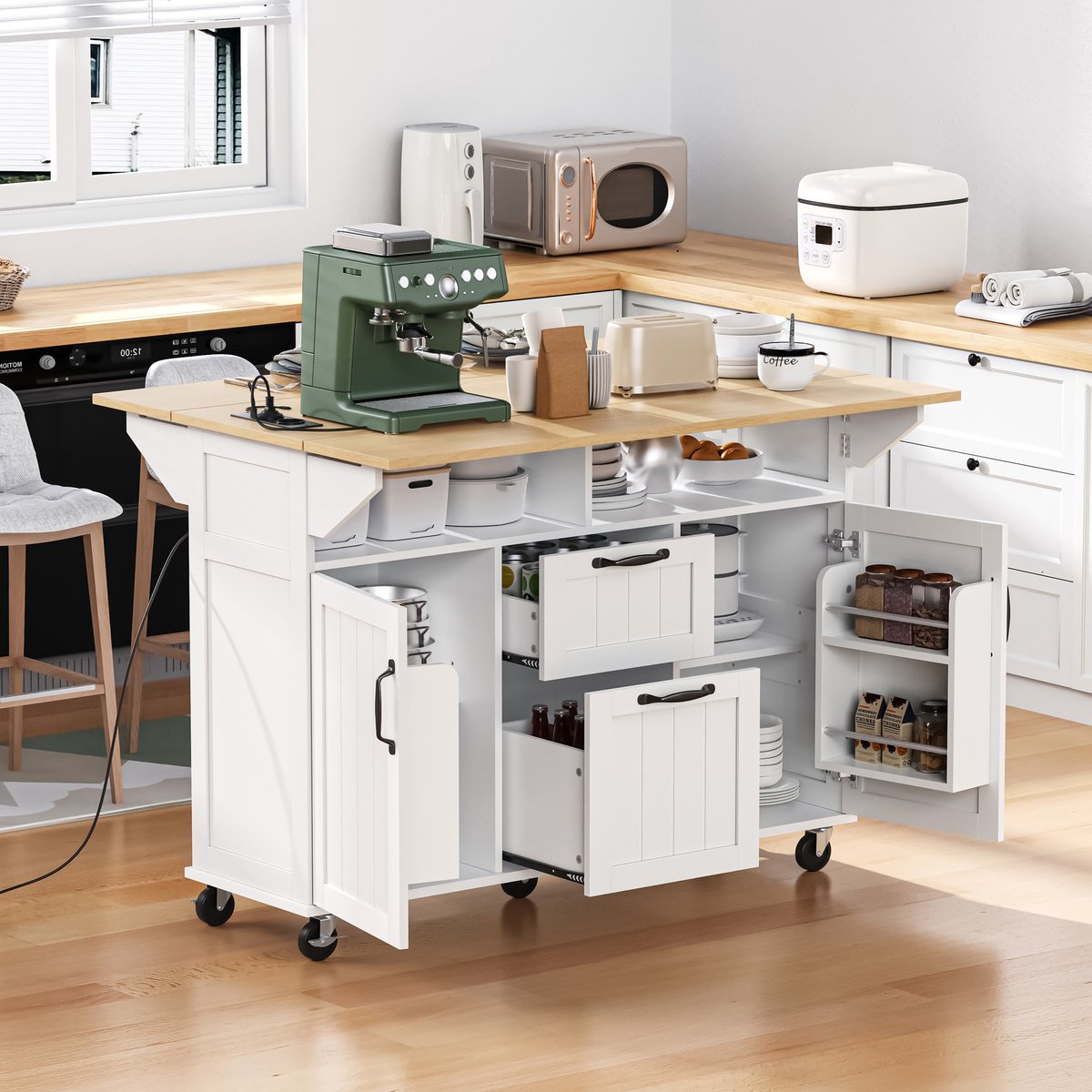 Intebiki - keukenkast - draagbaar - dressoir op wielen - w oorzien van een multifunctionele lade en een handdoekrek - verrijdbaar keukeneiland - uitschuifbare eettafel - met stekkerdoos- geschikt voor keukens en eetkamers - wit