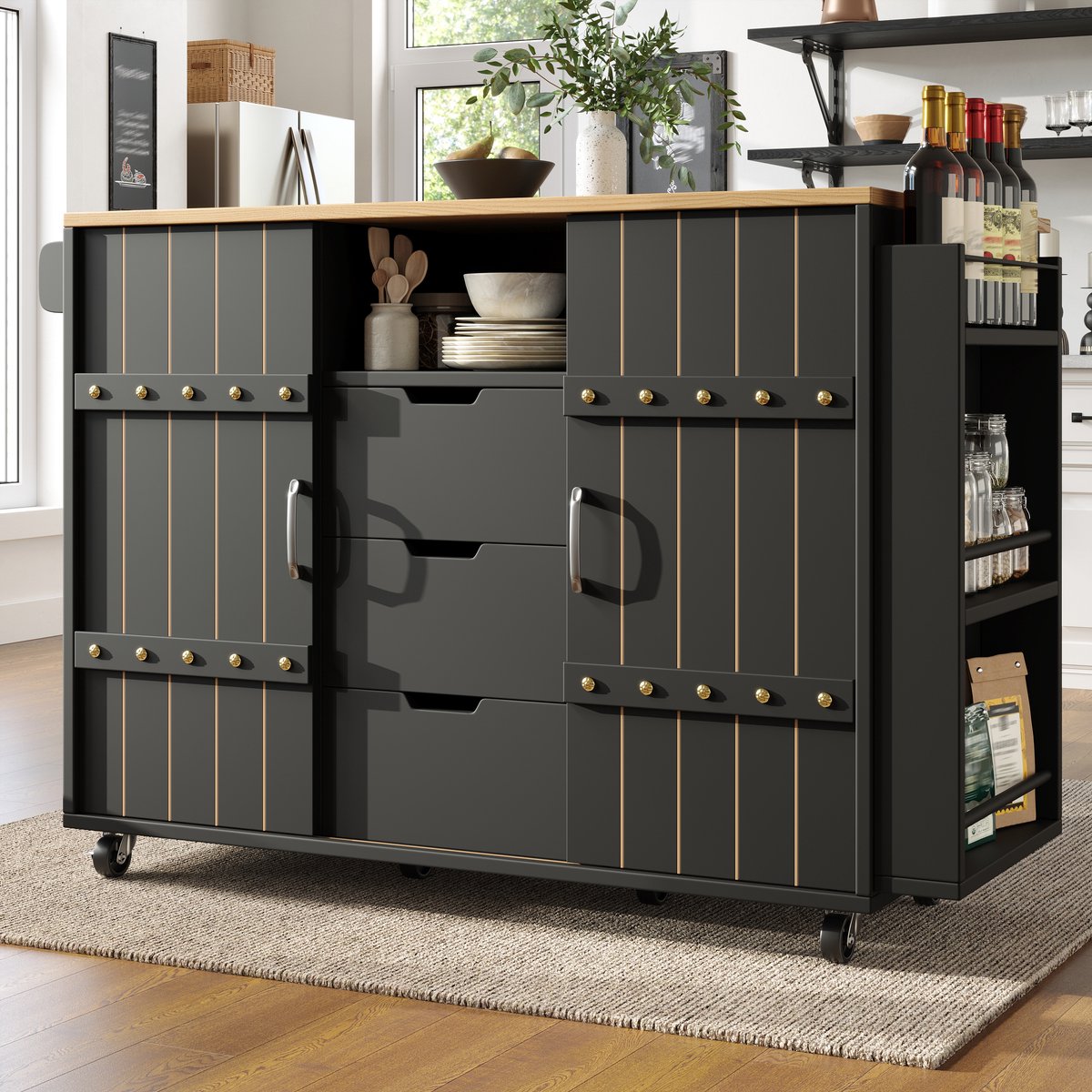 COVREO Keukenkast 110 x 42 x 90 cm - met wielen, schuifdeuren, 3 laden en klapbaar blad