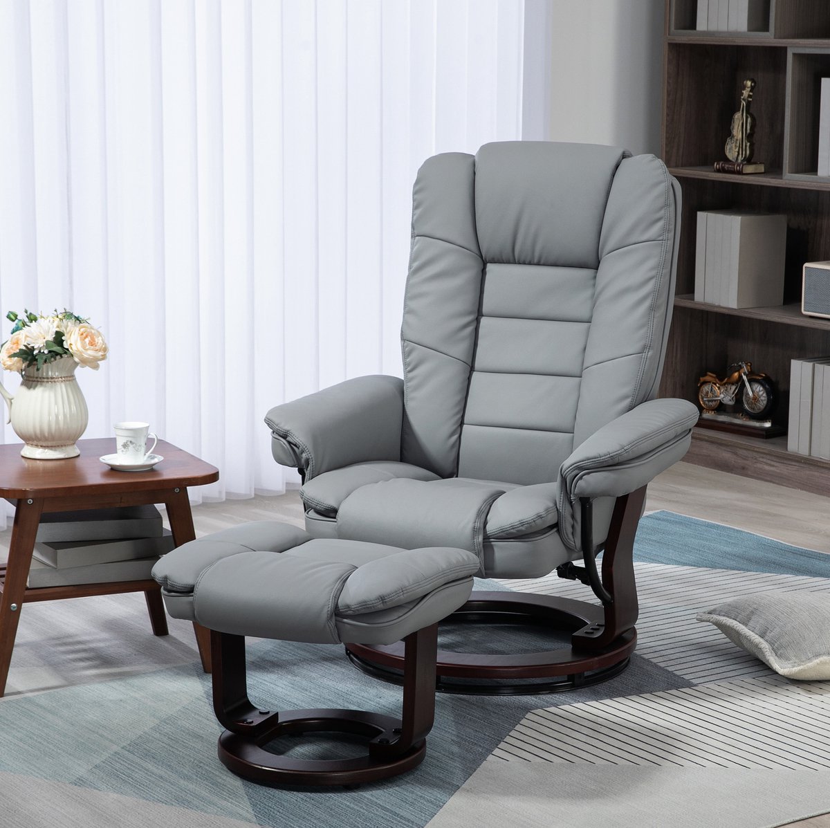 MIVRAY Relaxfauteuil 85 x 82 x 106 cm - 360° Draaibaar Met Handmatige Ligfunctie En Hocker - Voor Woonkamer - Kunstleer Grijs