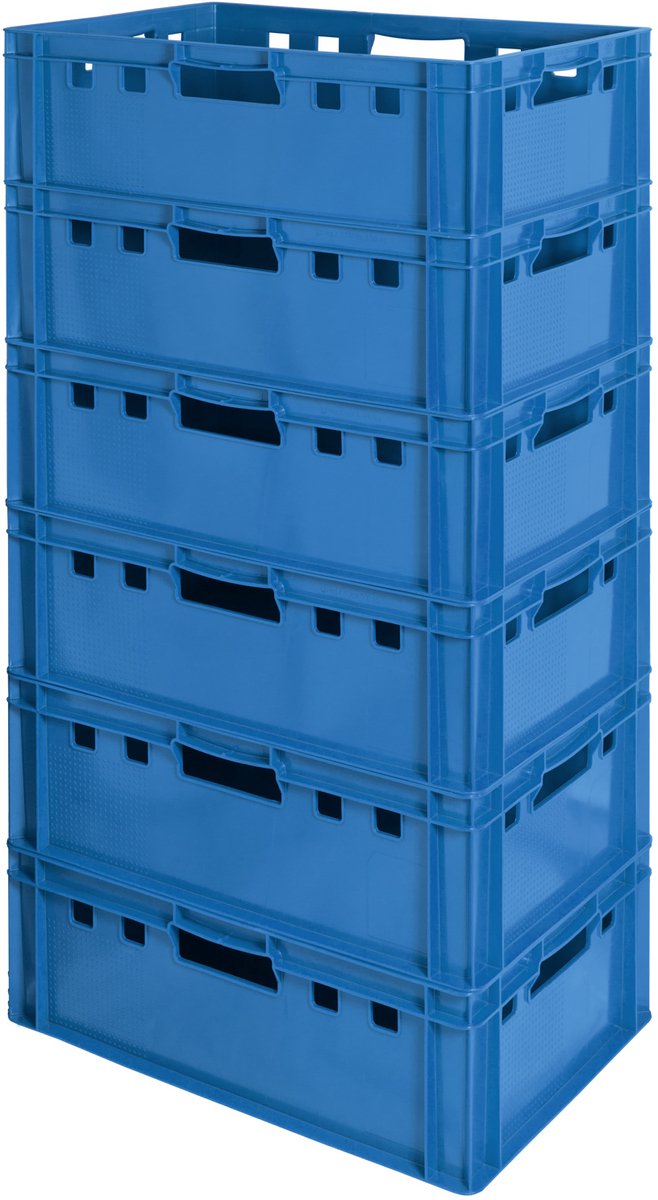6 E2 vleeskratten, voedselveilige Euroboxen, slagerskratten, opbergdozen, plastic trays, stapelbare opbergkratten, 60 x 40 cm, blauw, Kingpower
