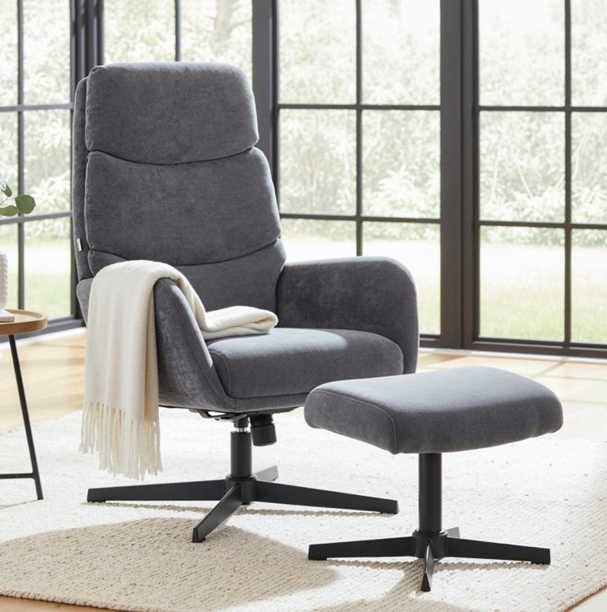 MIVRAY Relaxfauteuil 75 x 66 x 99 cm - Met Hocker En Hoge Rugleuning - Voor Woonkamer En Slaapkamer - Stof En Metaal - Grijs