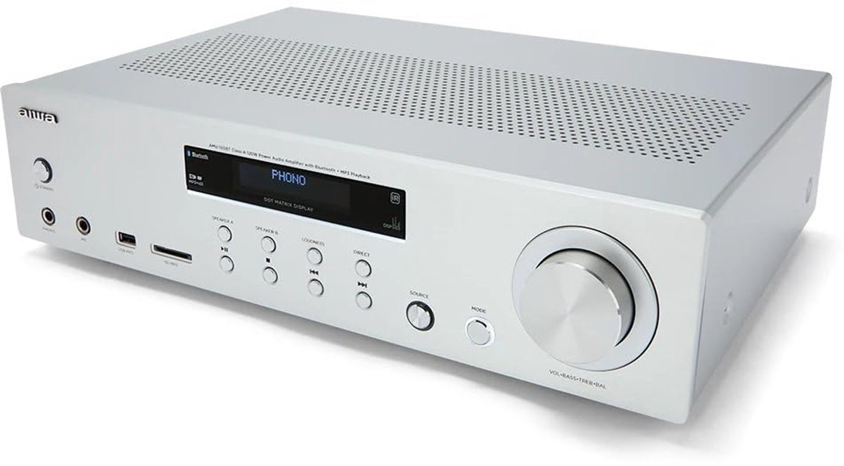 SnelShoppen - Aiwa AMU-120BT/SL Versterker AV-Ontvanger Bluetooth 5.0 120 W USB-poort SD-kaartlezer Zilver voor Feest en Thuisgebruik