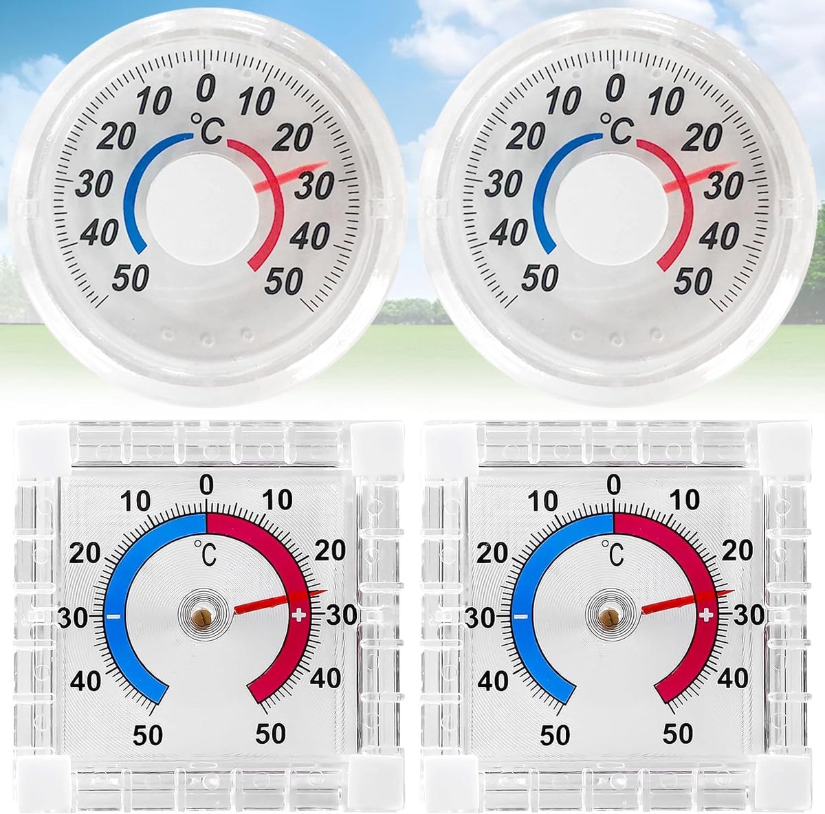 Srup-pakket van 4 zelfklevende raamdeurthermometer, raamthermometer, raamthermometer voor buiten, transparante zelfklevende analoge raamthermometer, transparante buitenthermometer (vierkant rond)