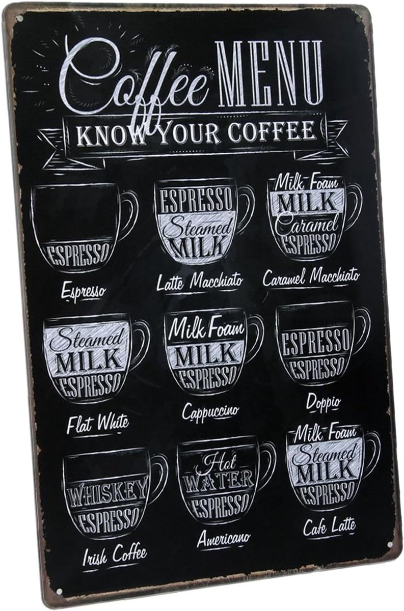 Menu Know Your Coffee Latte Macchiato Espresso Cappuccino Vintage blikken bord koffie poster wandbord muur decoratie metalen plaat deurplaat