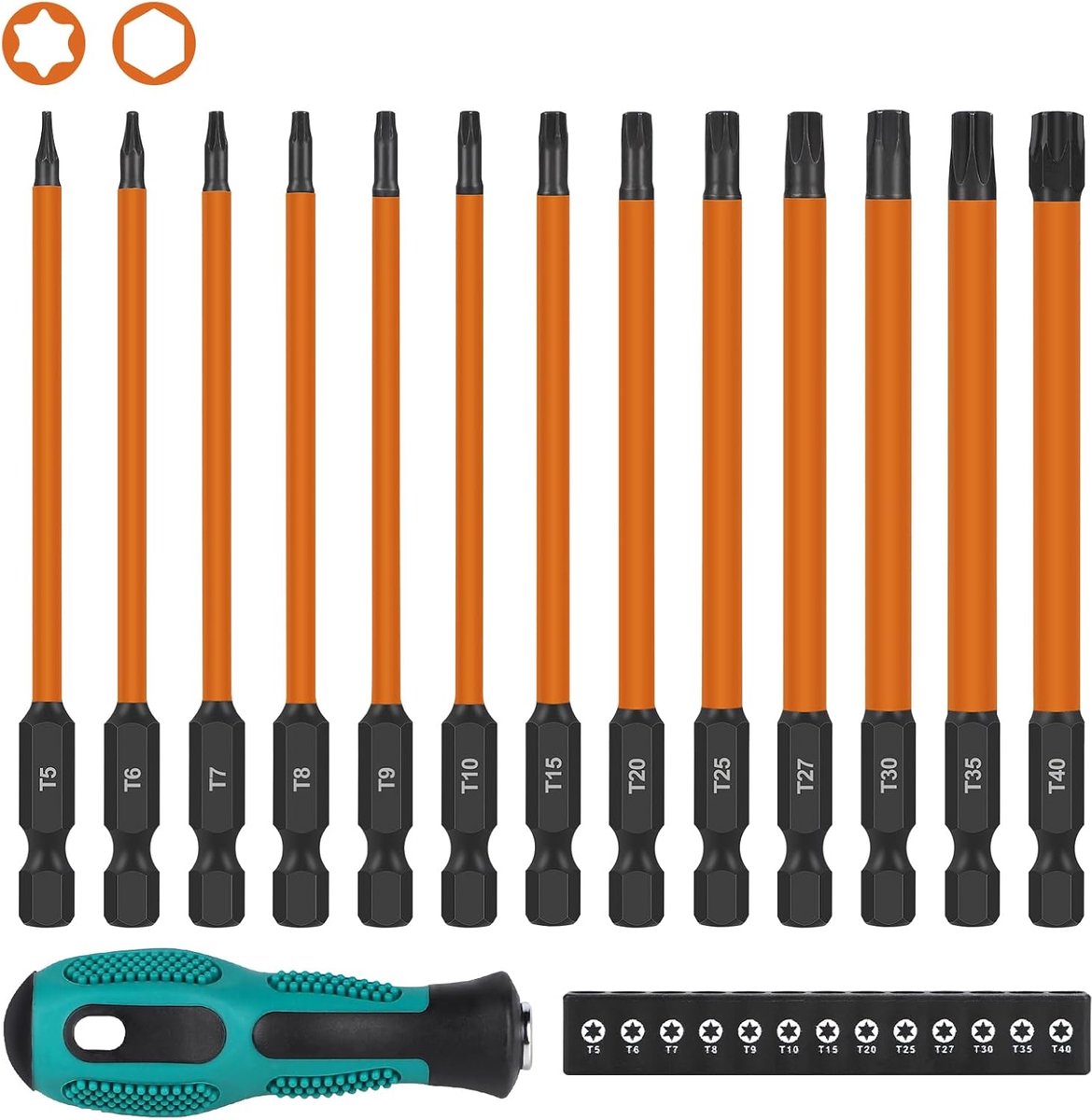 Torx lange schroevendraaierbitset, 13 stuks, 100 mm, 1/4 inch, T5, T6, T7, T8, T9, T10, T15, T20, T25, T27, T30, T35, T40, bitset lange magnetische met torx-schroevendraaier, torx-bit van