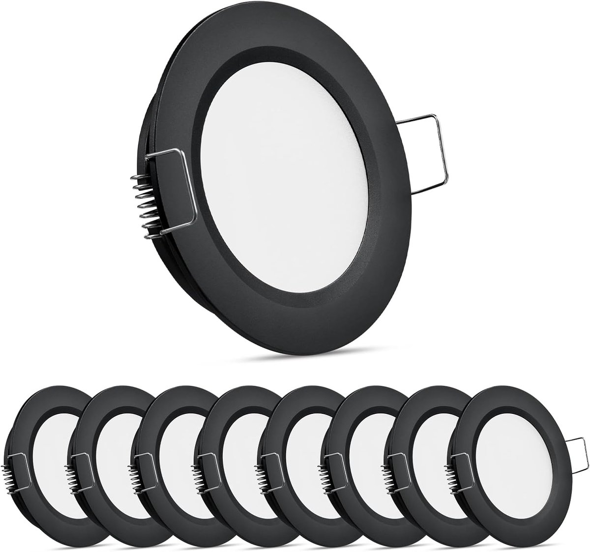 8 x 12V Inbouw LED Plafondlampen, Camper Dimbare Downlight Spot Light, DC 12 Volt Overhead Interieur Licht voor Keuken Van Caravan Boot, DIA 70mm Aluminium (Zwart, 3000K)