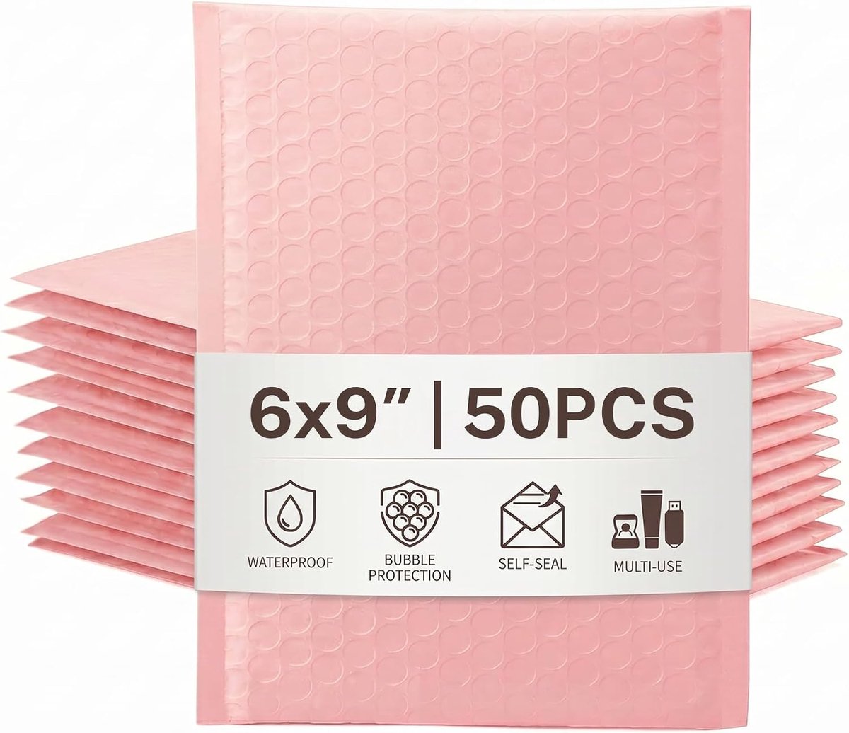 Luchtkussen-enveloppen met noppenfolie, geschikt voor cd's, sieraden en cosmetica, zelfklevende enveloppen, Sakura Pink, 15,3 x 22,9 cm, 50 stuks