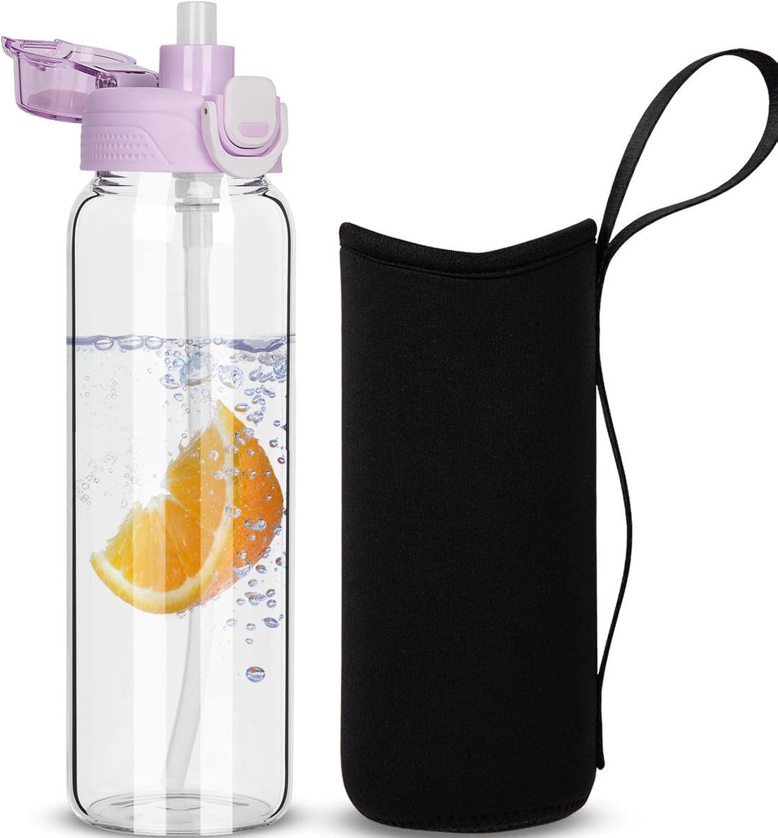 800 ml glazen drankfles met rietje, 0,8 l glazen waterfles met beschermkap, luchtdicht, BPA-vrij, waterfles voor sport, smoothies, geschikt voor koolzuurhoudende dranken