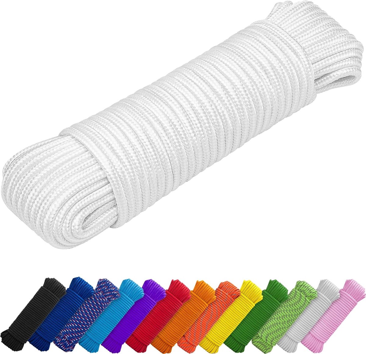 Waslijn & Vlaggenmast Touw – 7mm & 10mm – 27,5M | 45M – Sterk Allesdoeleinden Touw – Kamperen, Knutselen, Binnen & Buiten – Polypropyleen Nylon Lichtgewicht Diamant Gevlochten Koord Wit (White)