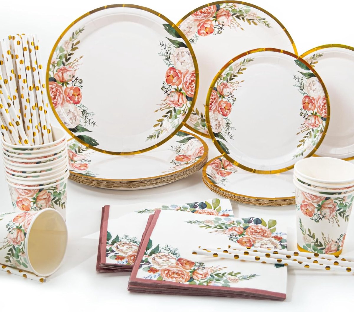 Roségoud met Bloemen, 125-Delige Set Wegwerpservies Voor Verjaardagsfeestjes: Papieren Borden, Bekers, Rietjes en Servetten