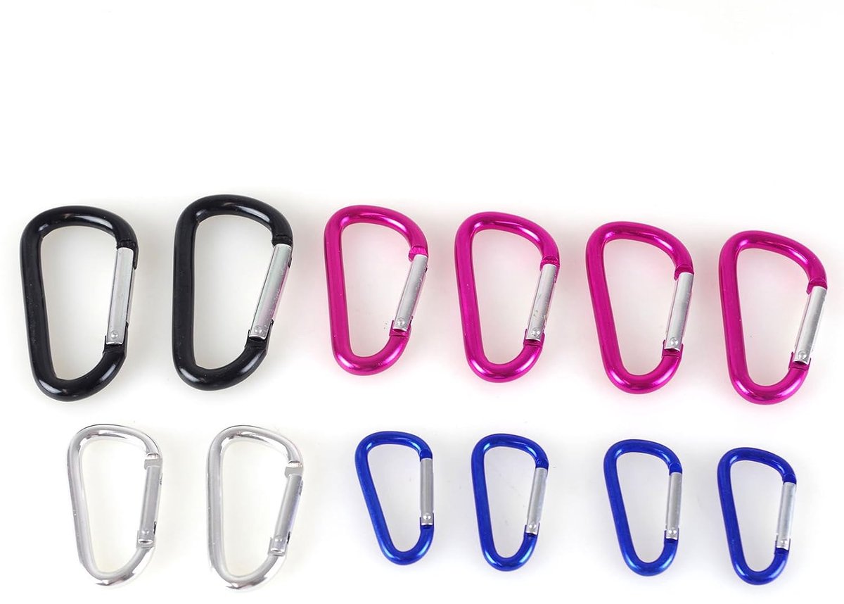 D-ringen set 12-delig, geanodiseerd aluminium in meerdere kleuren en maten, met veermechanisme, roestvrij, ideaal voor touw kabel ketting karabijn bevestiging outdoor werkplaats boot camping
