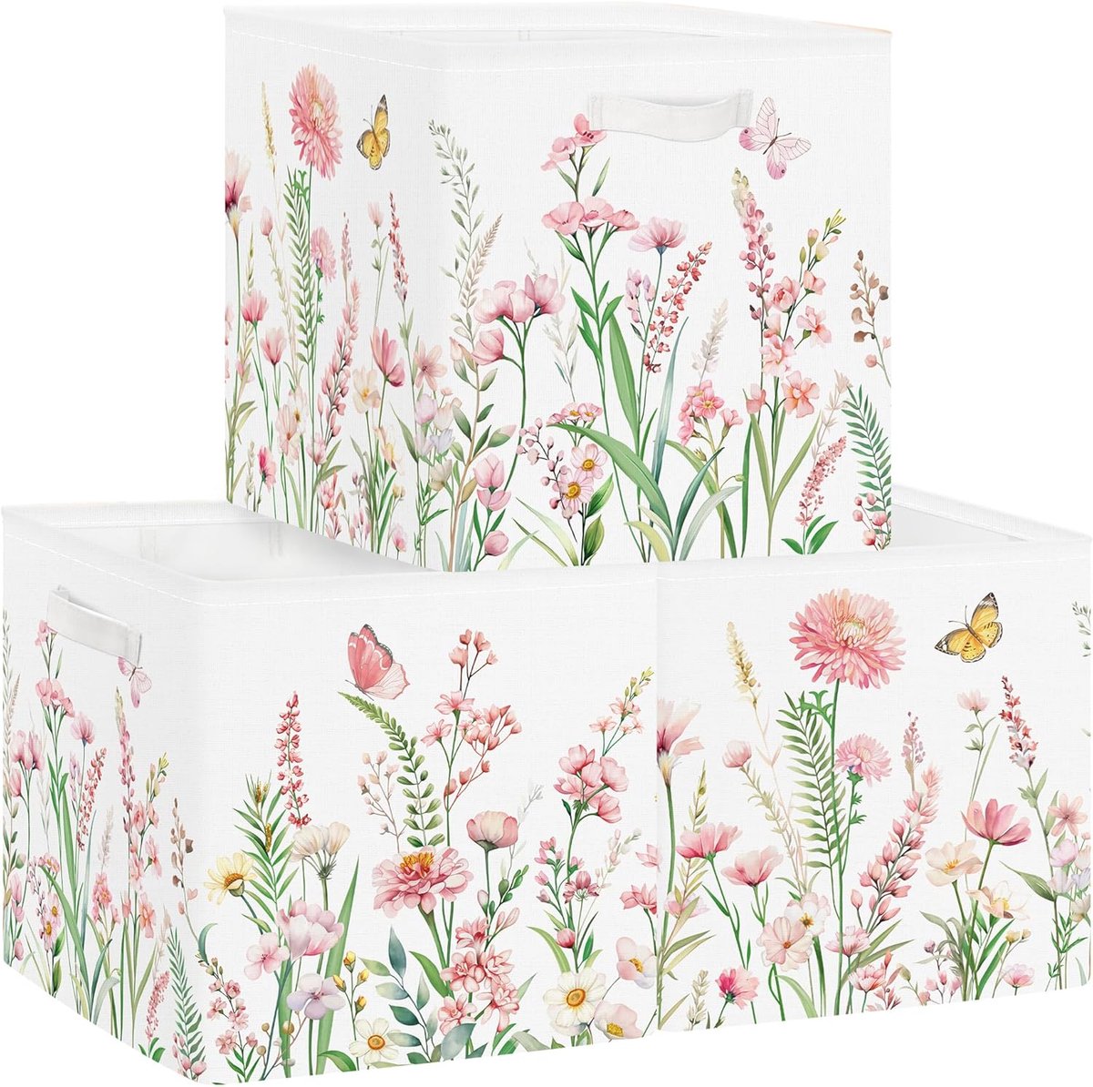 Set van 3 opbergdozen voor bloemen, organizer, speelgoed, boeken voor kinderen, opbergbak, kast voor kleding dames en meisjes, roze, 30 x 30 x 30 cm | Spring Butterfly Plants Opvouwbare kledingkastorganizer voor dames en meisjes, 30 x 30 x 30 cm