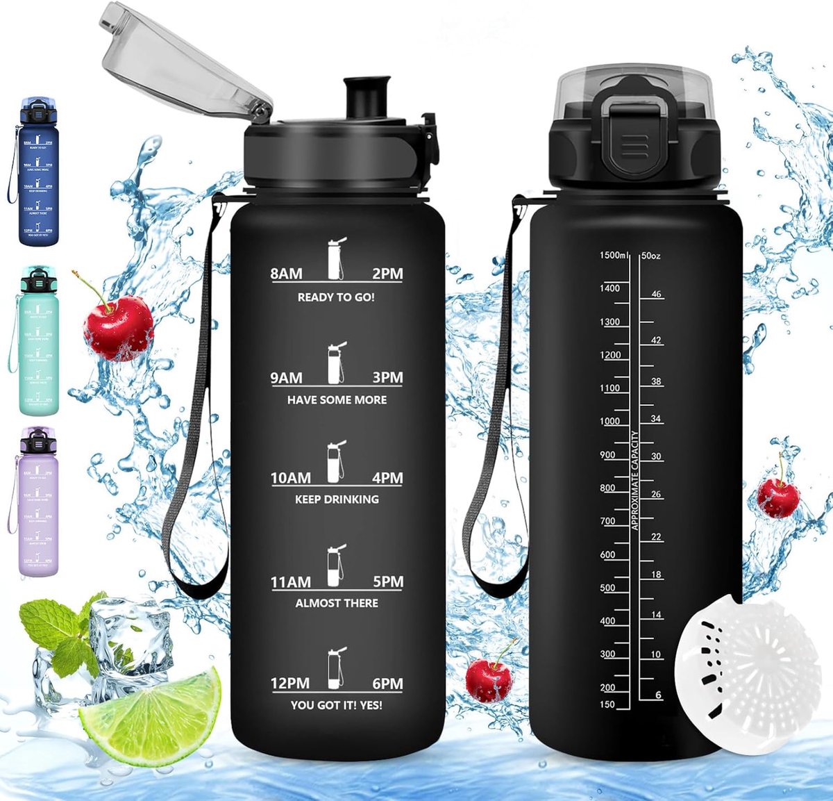 Grote drinkfles, 1,5 l, BPA-vrije drinkfles, fiets, lekvrij, geschikt voor koolzuurhoudende dranken, sport voor fiets, fitness, outdoor