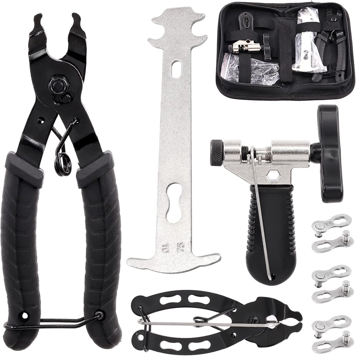 11-delige set fietsketting reparatiegereedschap, inclusief fietskettingtang, fietsketting master link tang, slijtage indicator kettingcontrole, kettingsplitser en ontbrekende schakelconnector