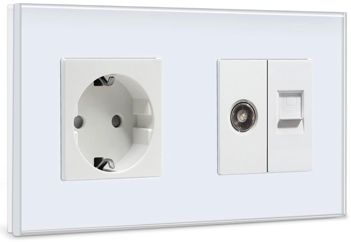 Schuko-stopcontact met 1/2 coax-aansluiting voor tv-antenne en RJ45-Cat5e-ethernet-aansluiting, plaatje van kristalglas, 16 A wandcontactdoos, wit, 157 mm