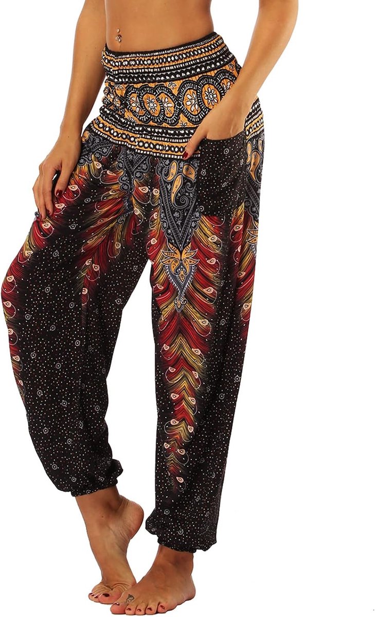 Thaise hippiebroek voor dames, boho, vintage, patroon, gesmokte taille met zakken, lichte yogabroek