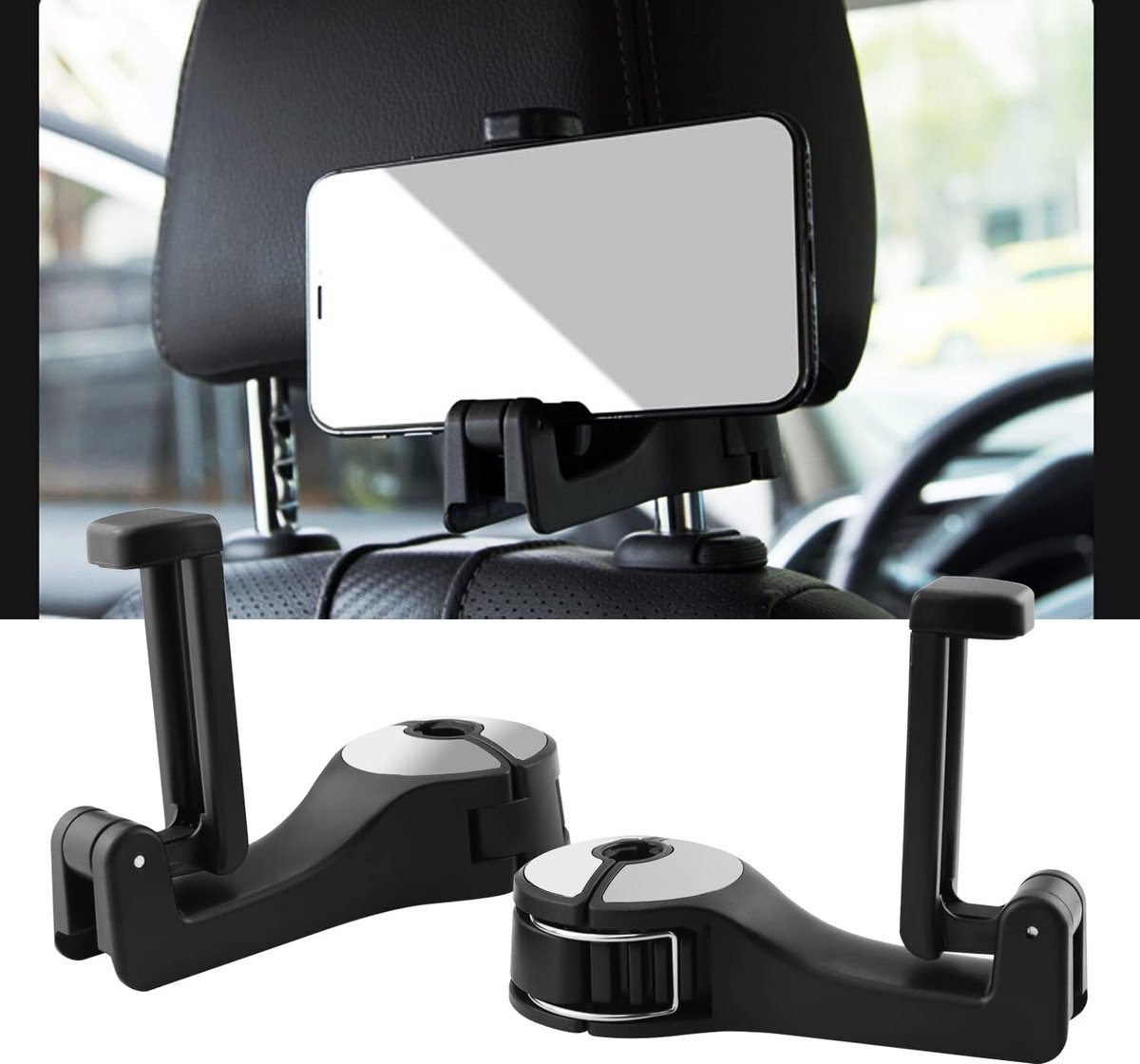 Achterhaak voor autostoelen met mobiele telefoonhouder, tassenhouder, autohoofdsteunen, haken, 2 stuks, autostoelhaken, hoofdsteunhouder, haak, autohaken voor hoofdsteun, achterbank, autostoel ophanghaak