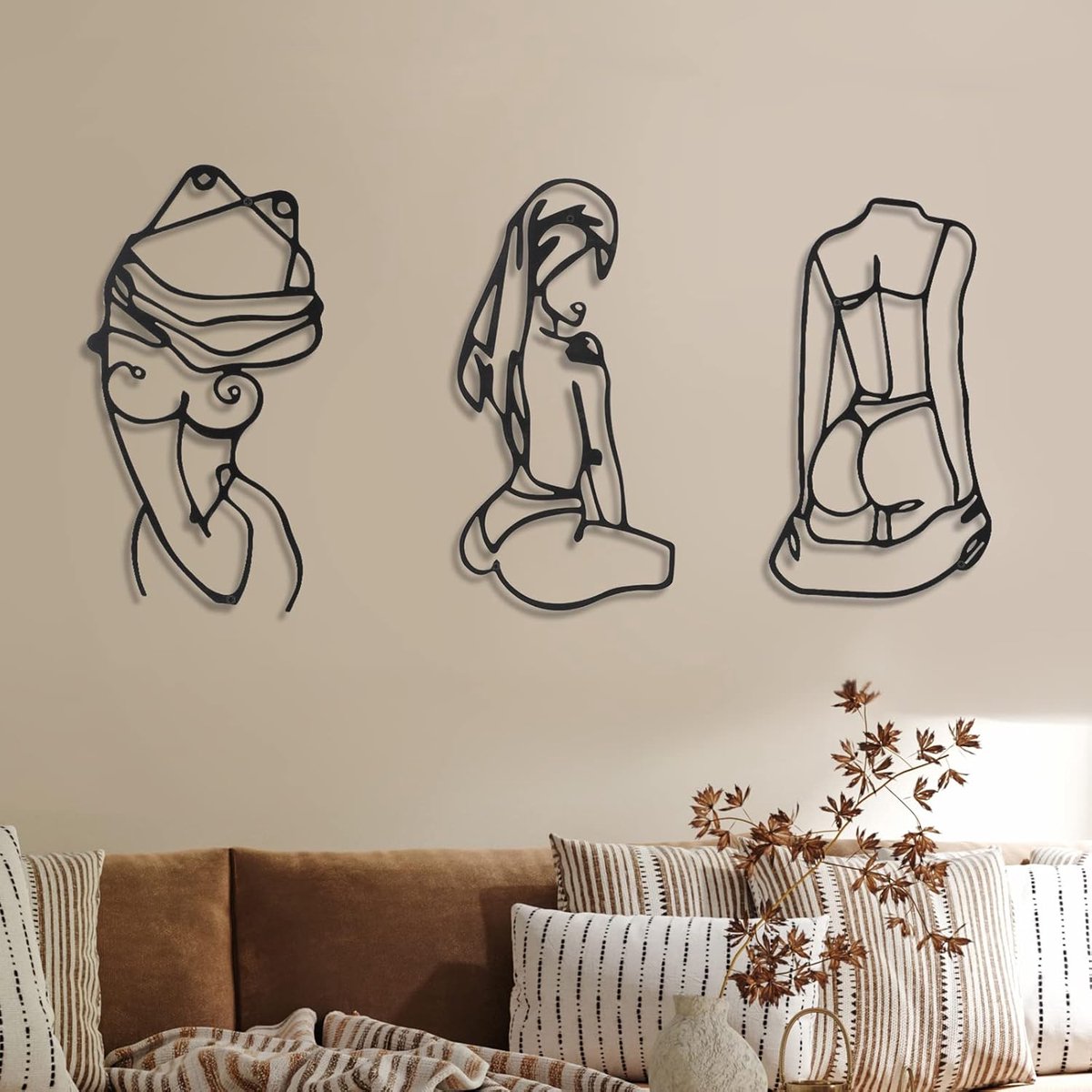 SnelShoppen - 3 Stuks Metalen Wanddecoratie: Minimalistische Abstracte Vrouw, Moderne Lijntekening - Hangdecoratie voor Slaapkamer, Keuken, Badkamer