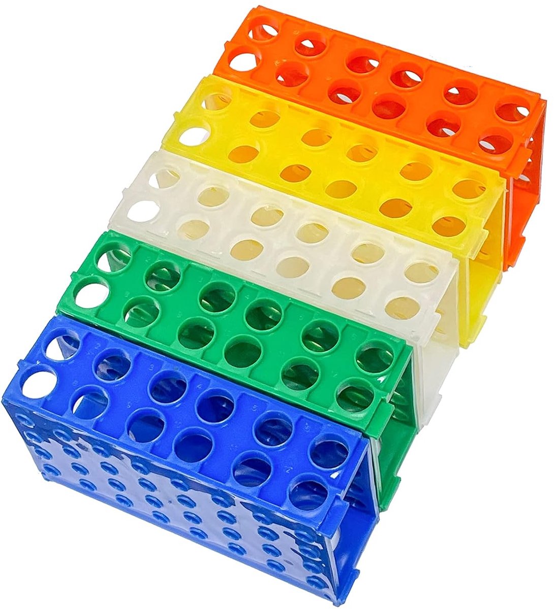 4 Way Plastic Reageerbuis Rack Diverse Kleuren, Blauw, Groen, Wit, Oranje, Geel Pack van 5