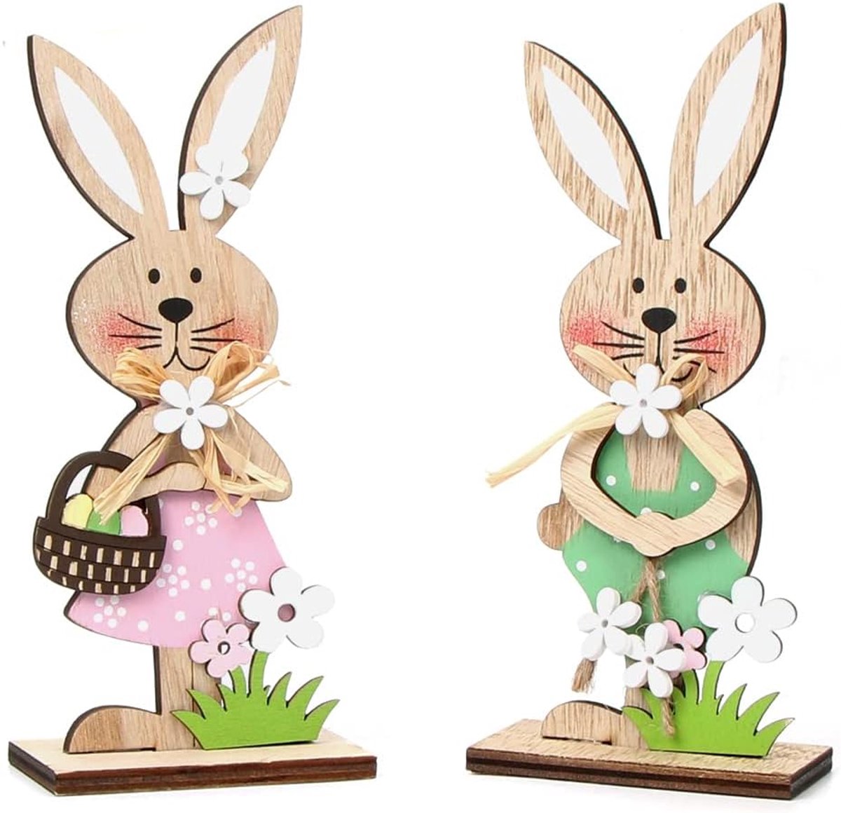 Decoratieve standaard voor Pasen, decoratie van houten haas, paashaazenpaar met kleurrijke bloemen, paashaas, paasdecoratie van hout, haas, desktop binnen en buiten, rustieke decoratie voor Pasen, lentedecoratie